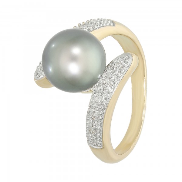 Ring 585 bicolor mit grau Perle + Diamanten